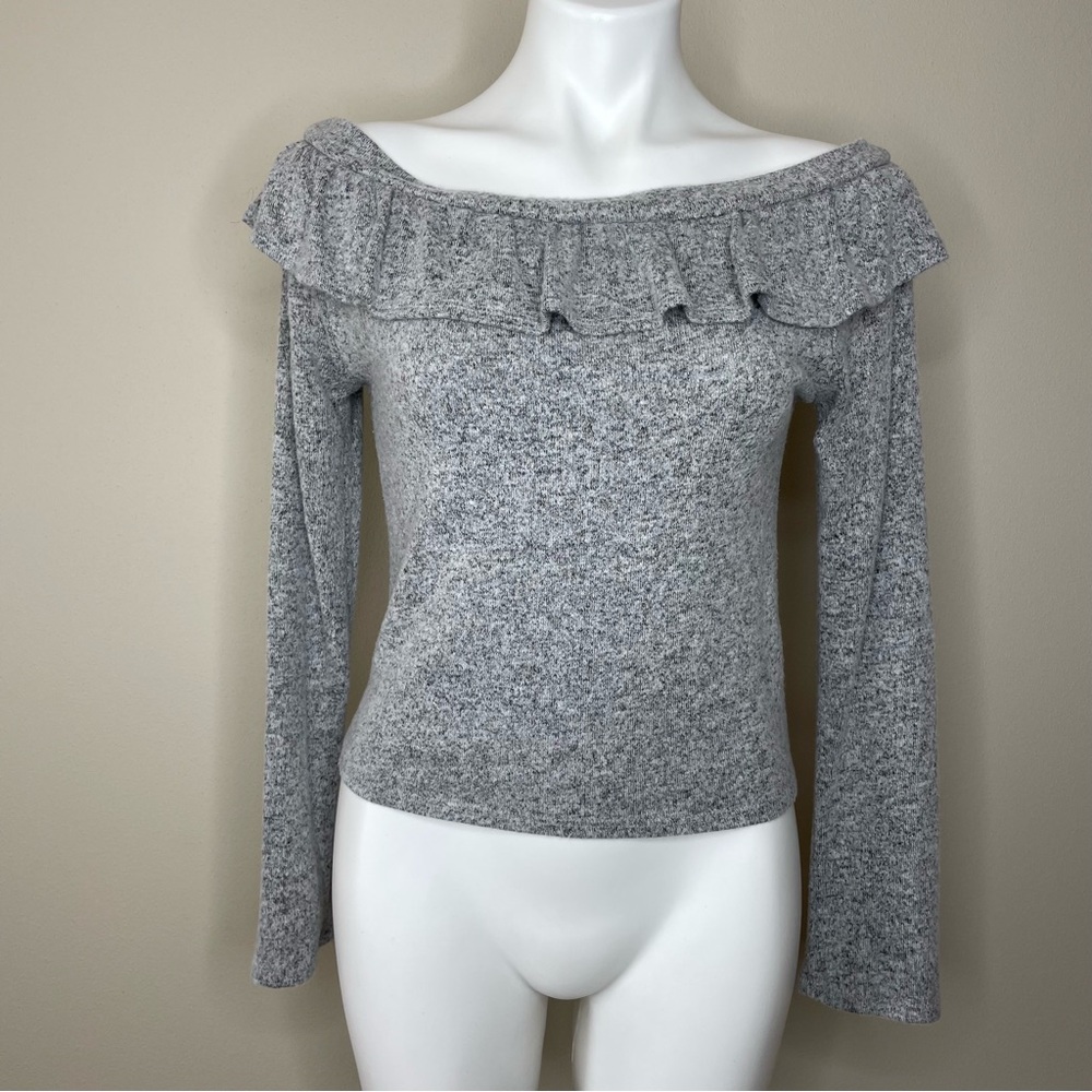 Heart & Hips Heather Gray Off-Shoulder Sweater with Ruffle Trim
